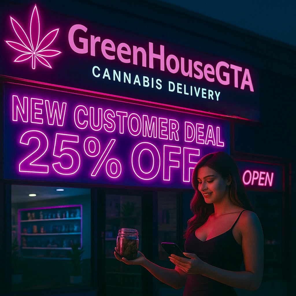 GreenHouseGTA Dispensary storefront with 25% Off neon sign and customer holding cannabis product
